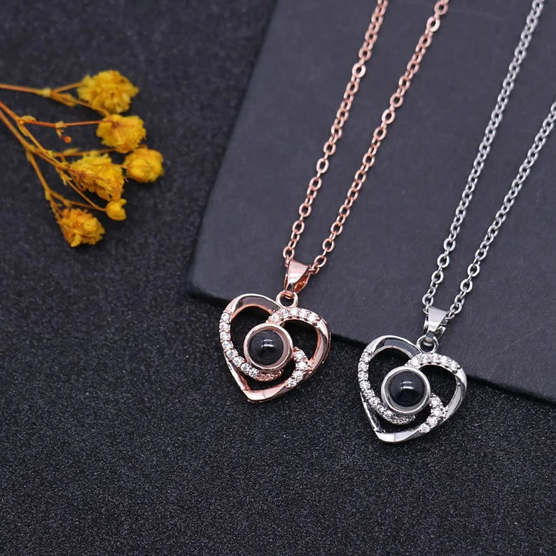 Personalized Multi-Diamond Heart Photo Projector Necklace