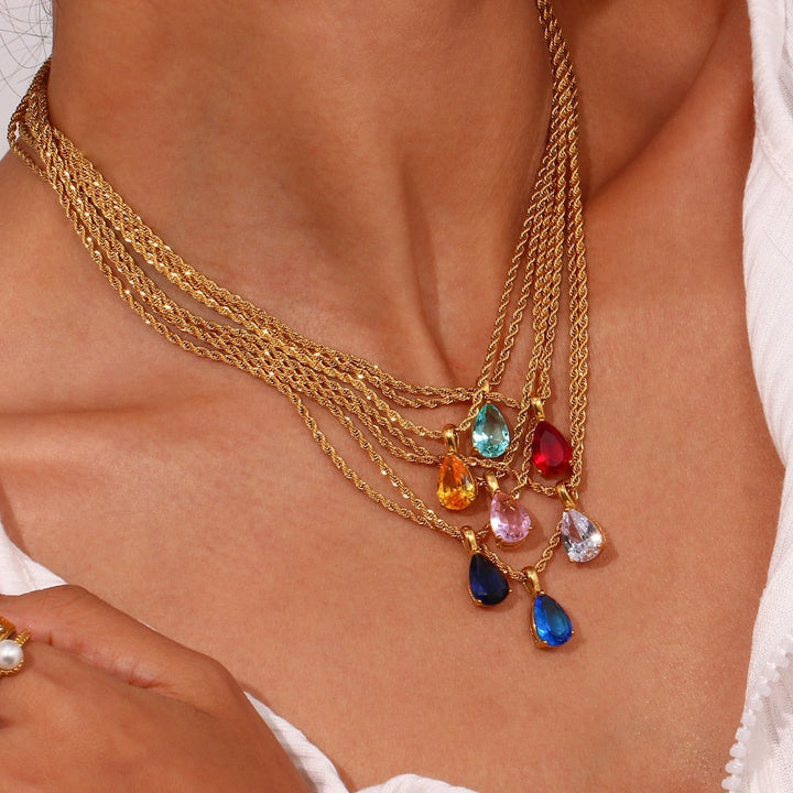 Waterdrop Birthstone Rope Chain Necklace