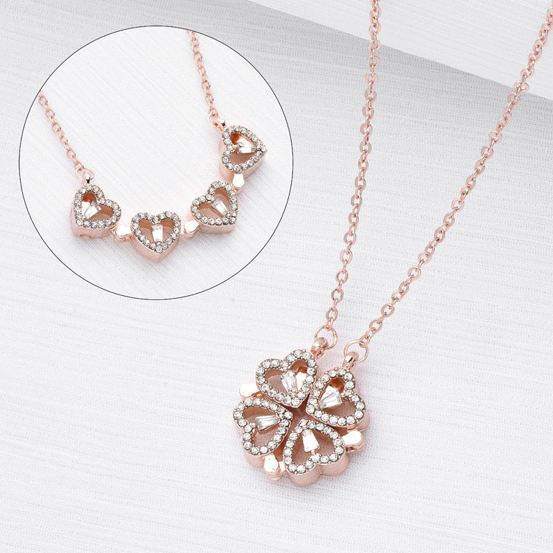 A new two-wear heart-to-heart female opening and closing four-leaf clover necklace fashion love folding creative collarbone chain wholesale