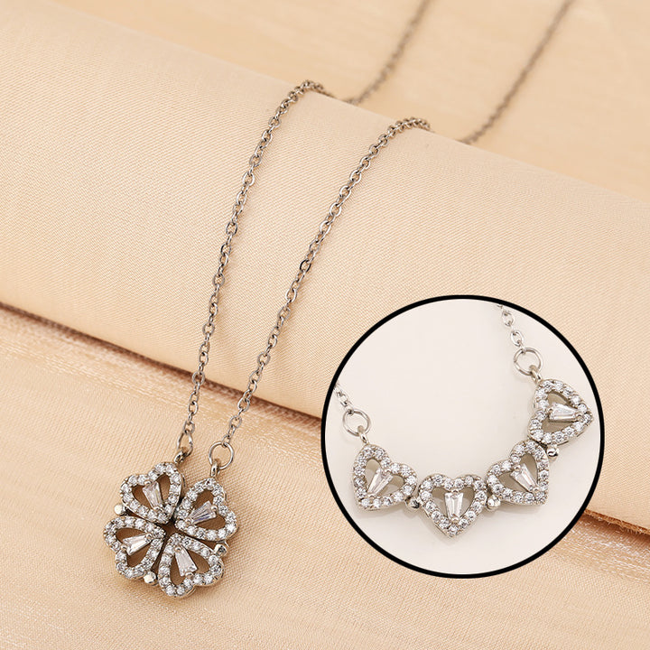 A new two-wear heart-to-heart female opening and closing four-leaf clover necklace fashion love folding creative collarbone chain wholesale